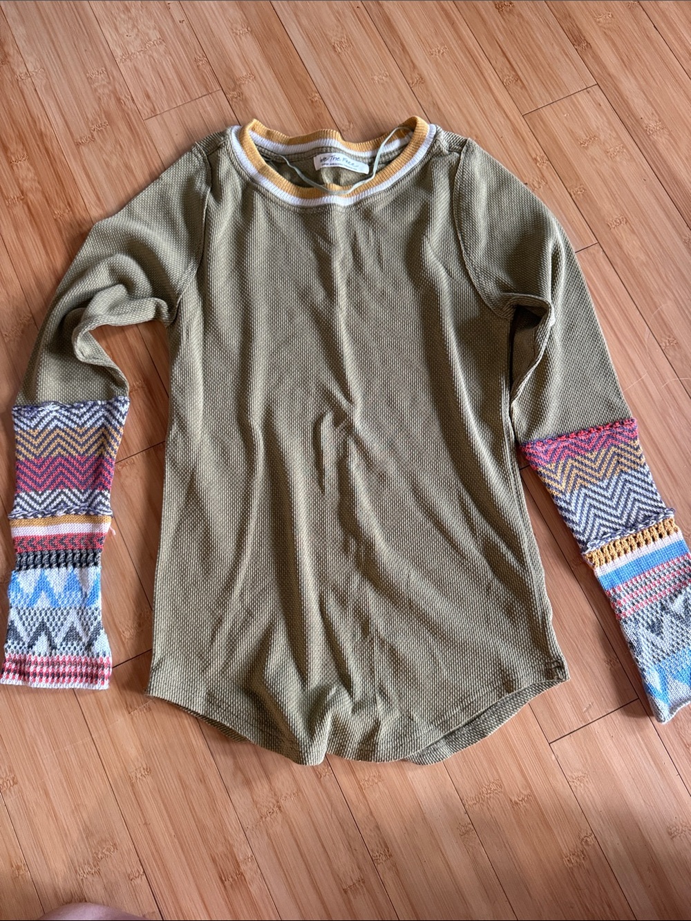 We The Free Olive Long Sleeve Top with Multicolor Patterned Cuffs